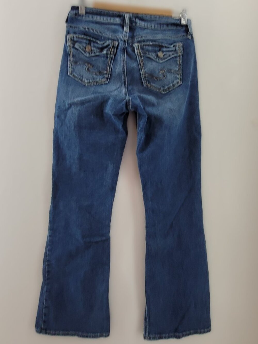 Silver Jeans Women's 29x31 Blue Suki Boot Cut Distressed Faux Flap Stretch